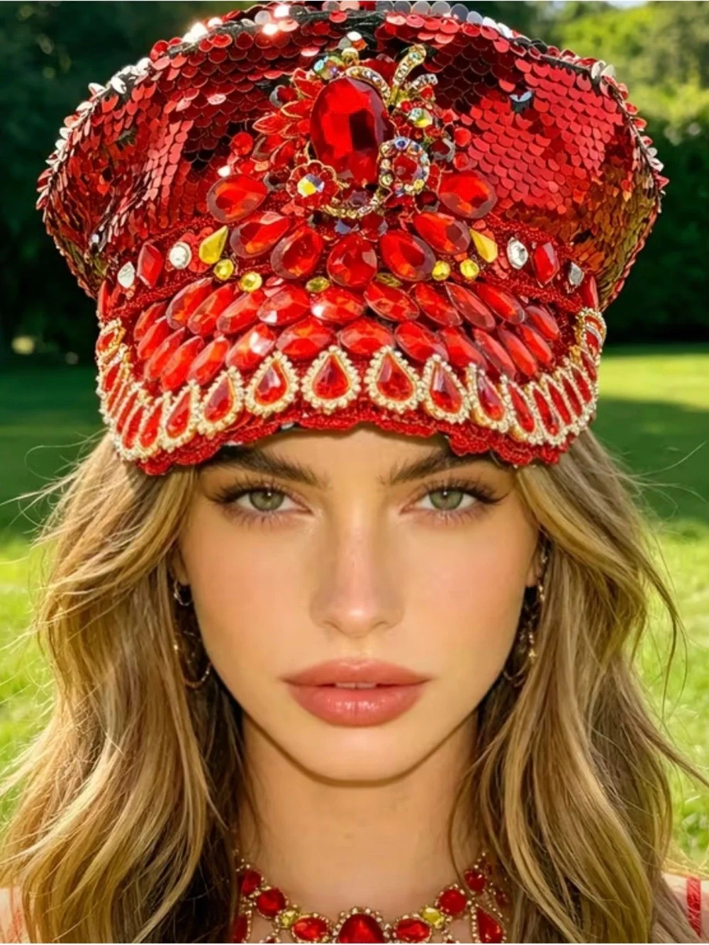 Embellished Red Sequin Jewel Cap - Women Accessories